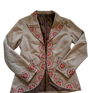 Women's Nic + Zoe Beaded Embroidered Herringbone Blazer Jacket Brown Red Size 8